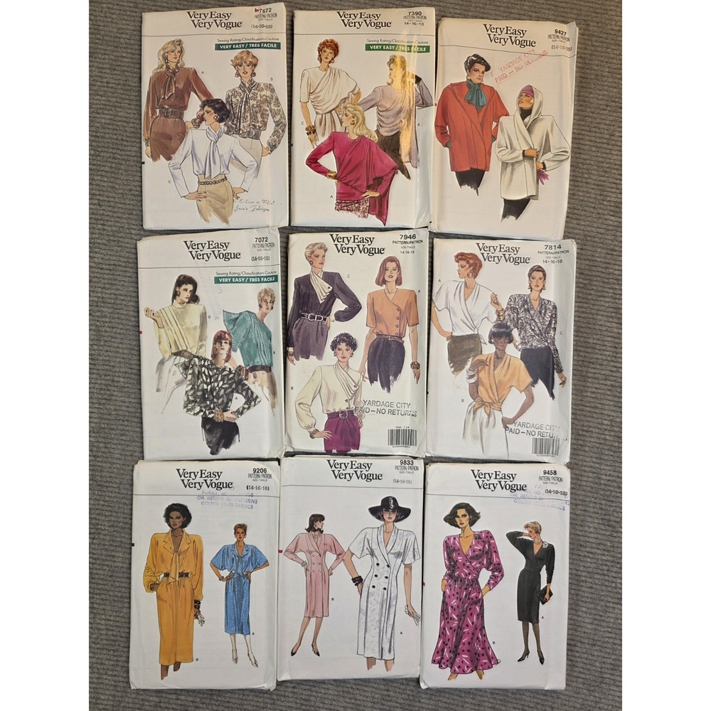 Vogue Sewing Patterns  Very Easy Vogue 80s-90s  Lot of 9 Uncut Size 14/16/18 Vtg